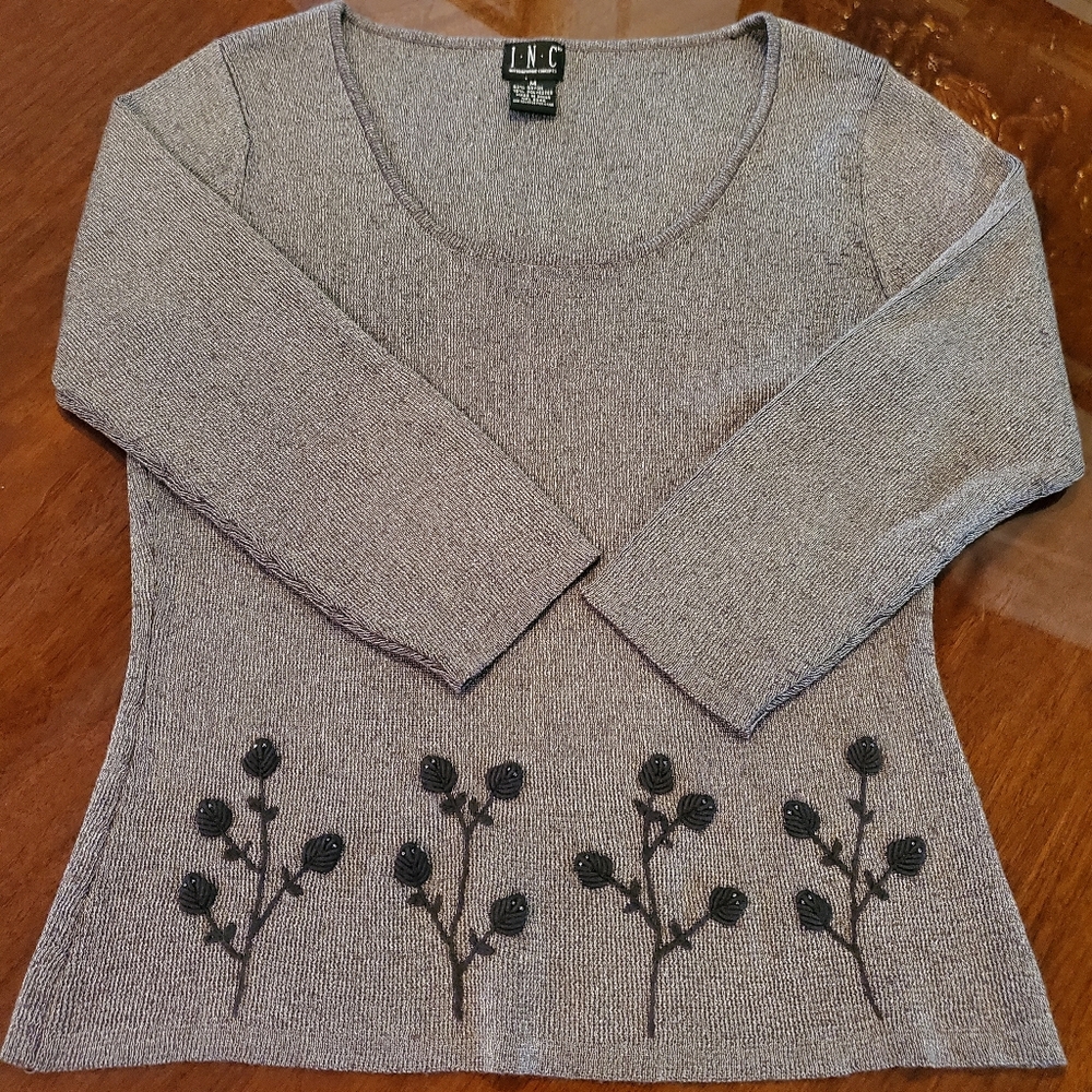 Metallic gray heathered sweater   with 2-D embroidered flowers with grey pearls